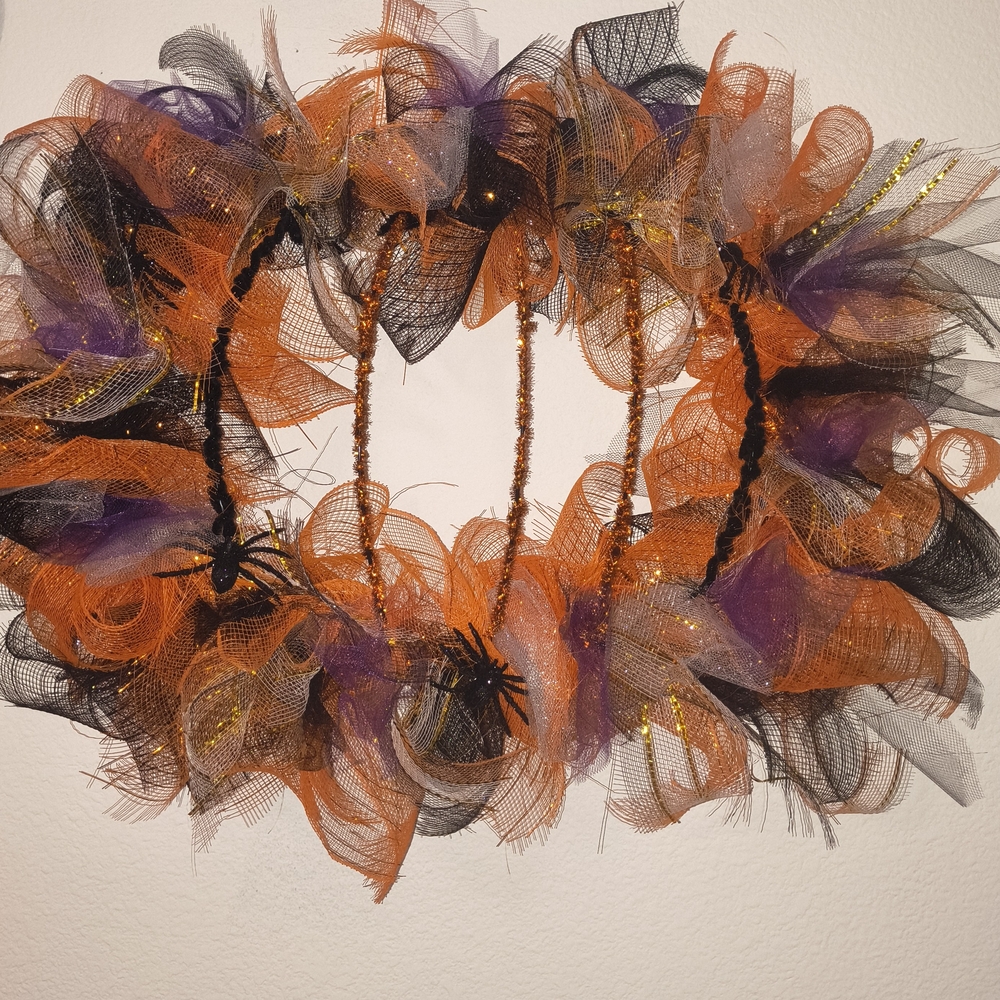 Halloween Mesh Wreath in Orange, Black, and Purple